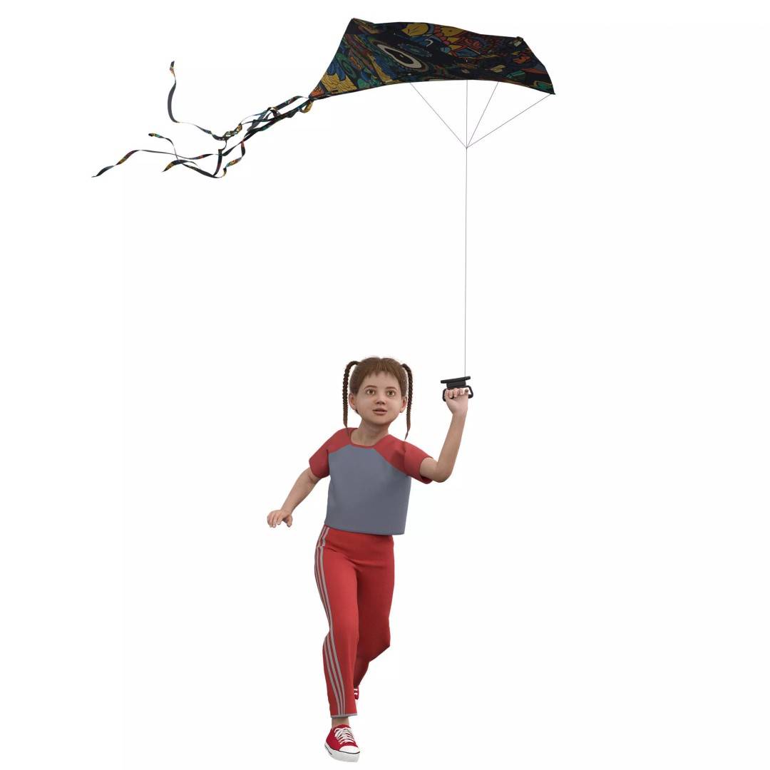 Children Flying Kite 3D Model – Low Poly Game Asset, FBX, OBJ - View 7