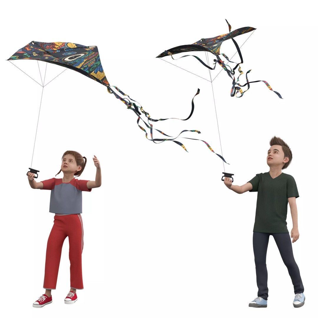 Children Flying Kite 3D Model – Low Poly Game Asset, FBX, OBJ - View 9