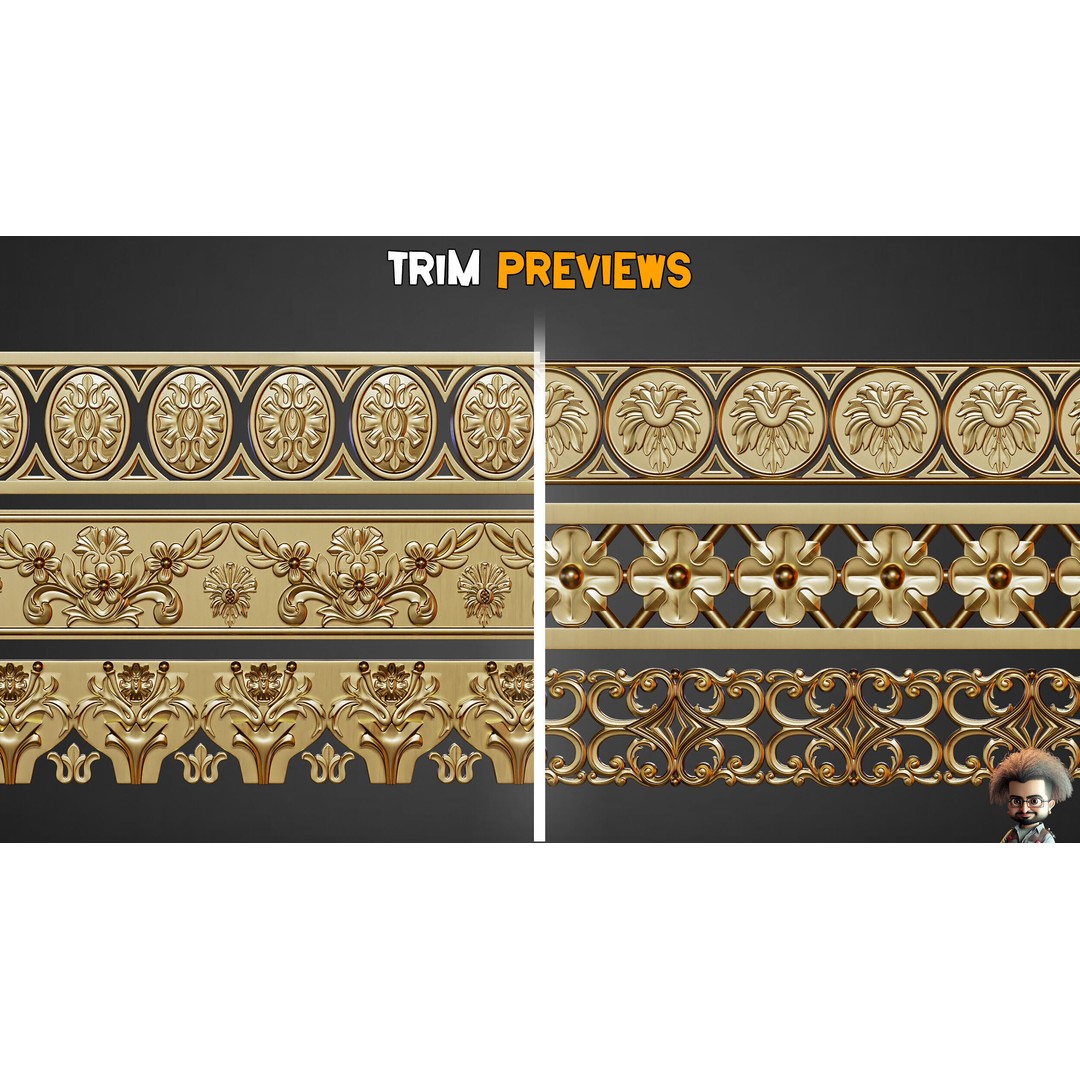 50 Ornaments Trim Brushes 3D Model – Low Poly Decorative Asset, FBX, ZBP - View 6