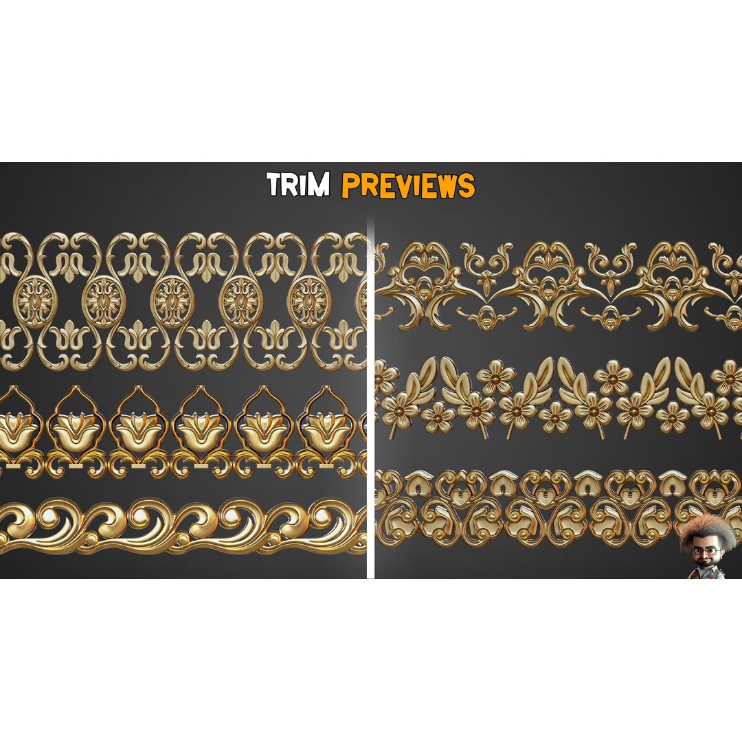 50 Ornaments Trim Brushes 3D Model – Low Poly Decorative Asset, FBX, ZBP - View 7