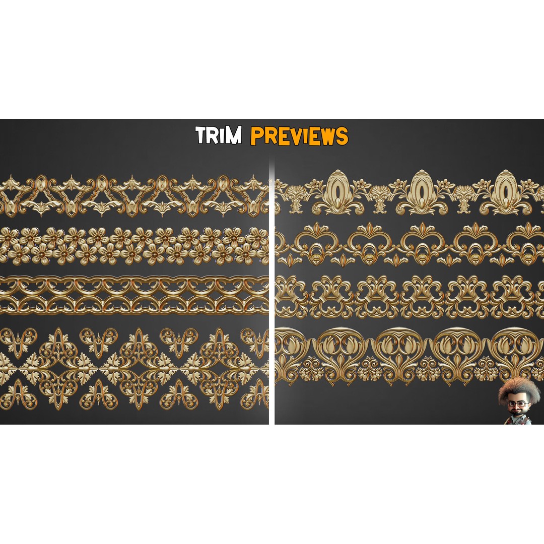 50 Ornaments Trim Brushes 3D Model – Low Poly Decorative Asset, FBX, ZBP - View 9
