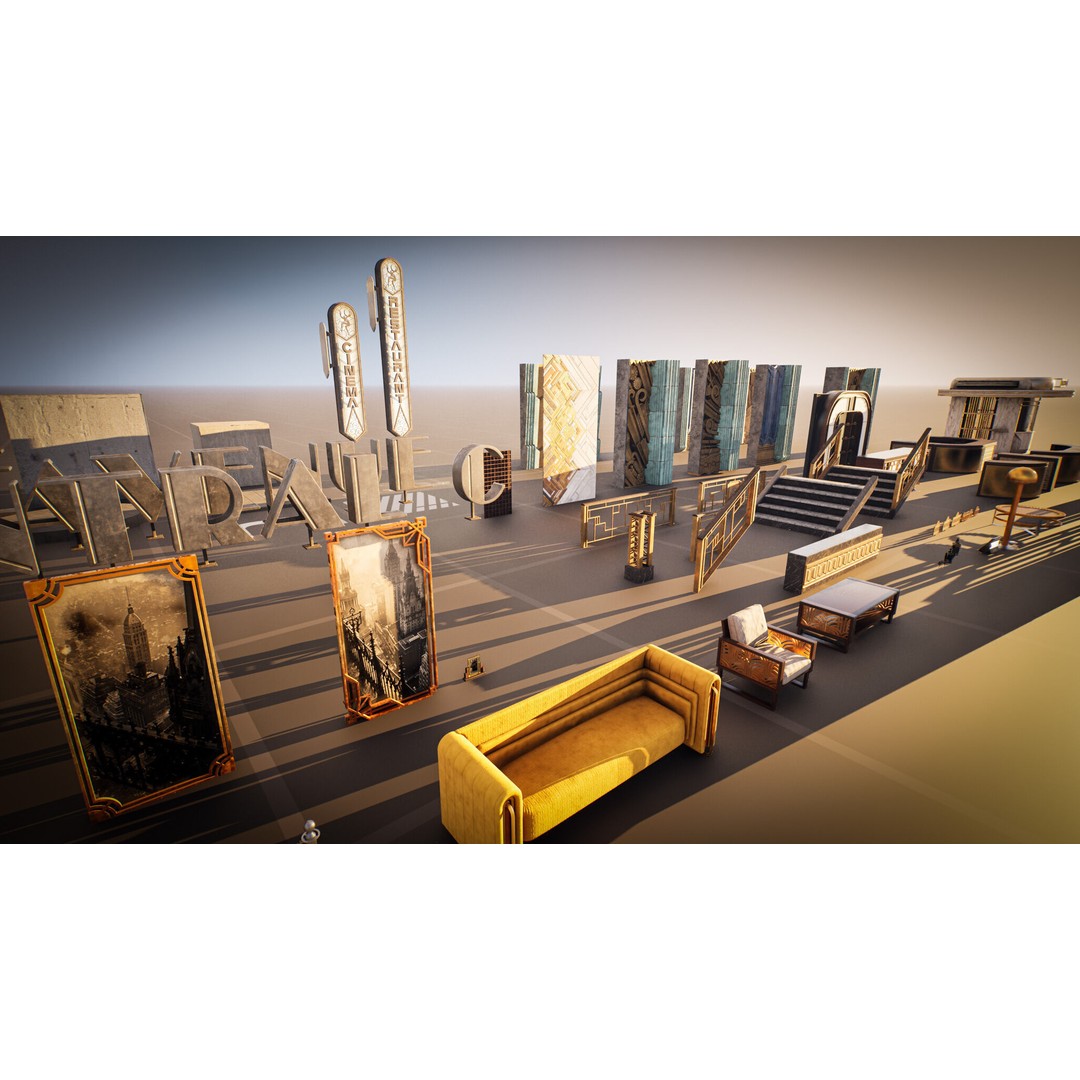 Art Deco Environment Kit 3D Model – Low Poly Architectural Assets, PBR - View 14