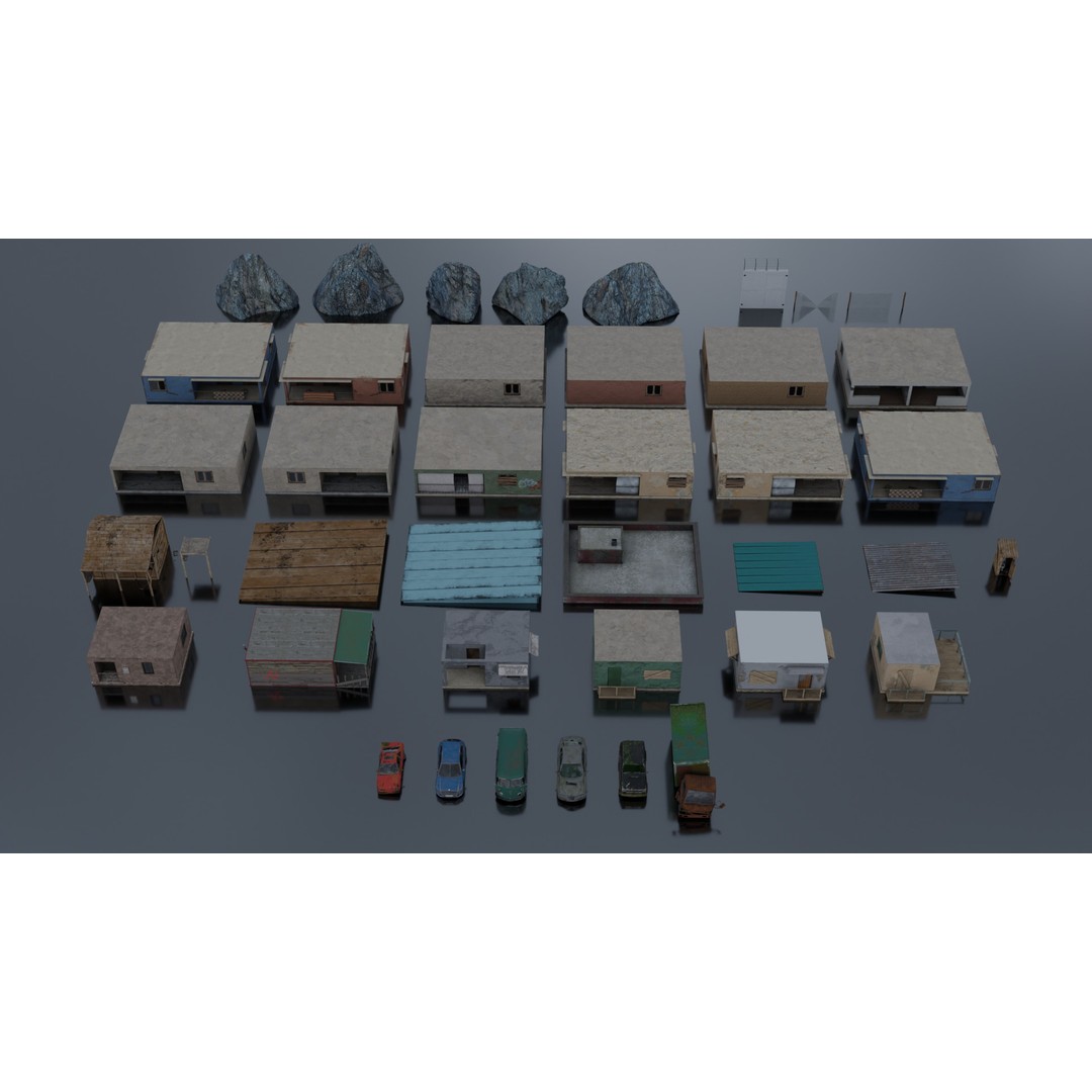 Slum Town 3D Model – Renewed Low-Poly Game Asset, FBX - View 3