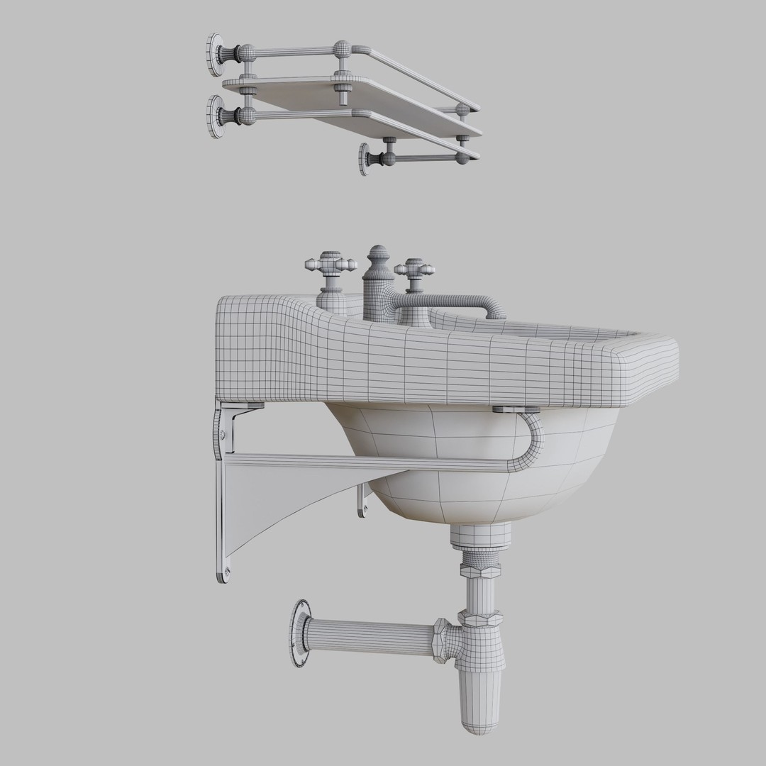 Vintage Basin and Shelf 3D Model – Retro Bathroom Asset, FBX, OBJ