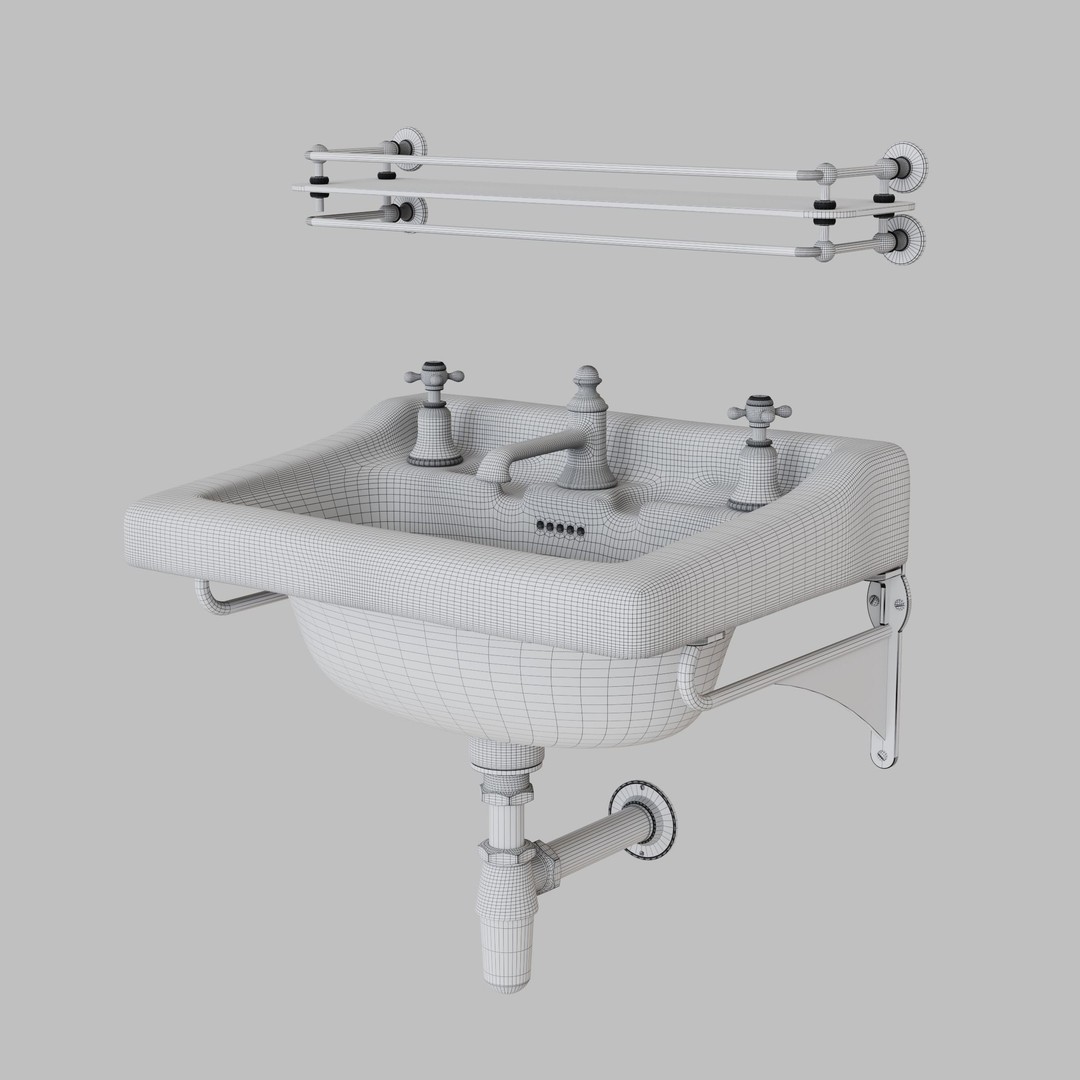 Vintage Basin and Shelf 3D Model – Retro Bathroom Asset, FBX, OBJ - View 3