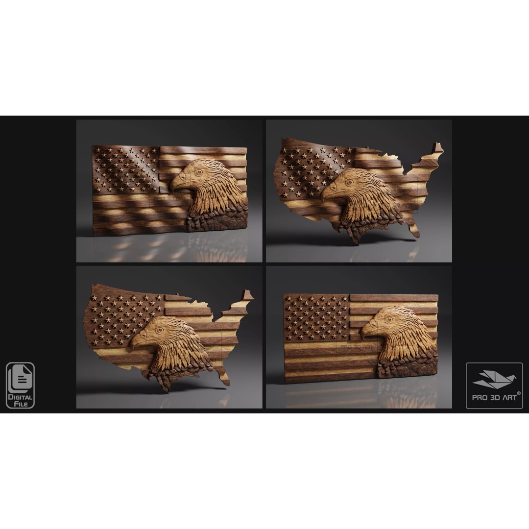 USA Flag and Map Eagle 3D Model – CNC Files for Wood, STL - View 2
