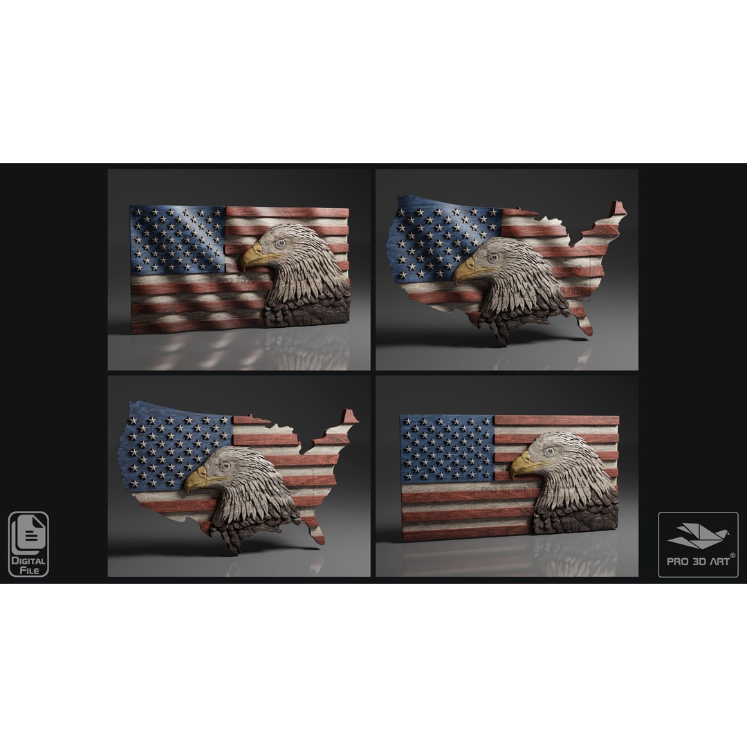 USA Flag and Map Eagle 3D Model – CNC Files for Wood, STL - View 3