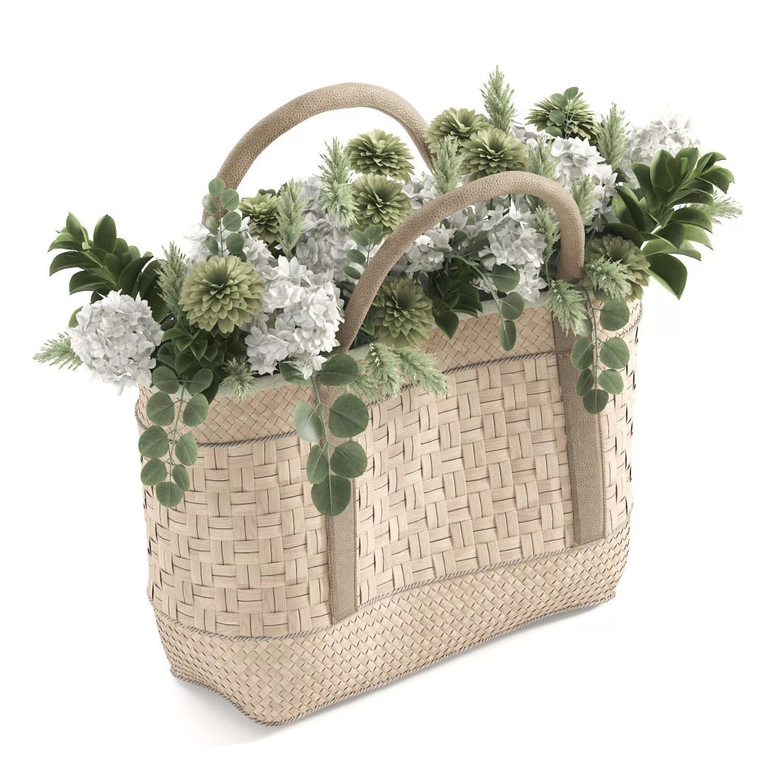 Wicker Basket 3D Model – Decorative Floral Arrangement, FBX - View 3