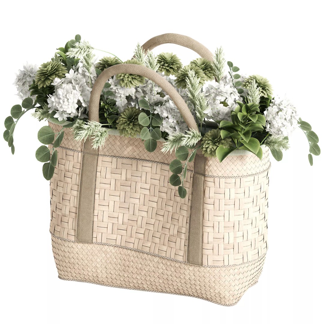 Wicker Basket 3D Model – Decorative Floral Arrangement, FBX - View 4