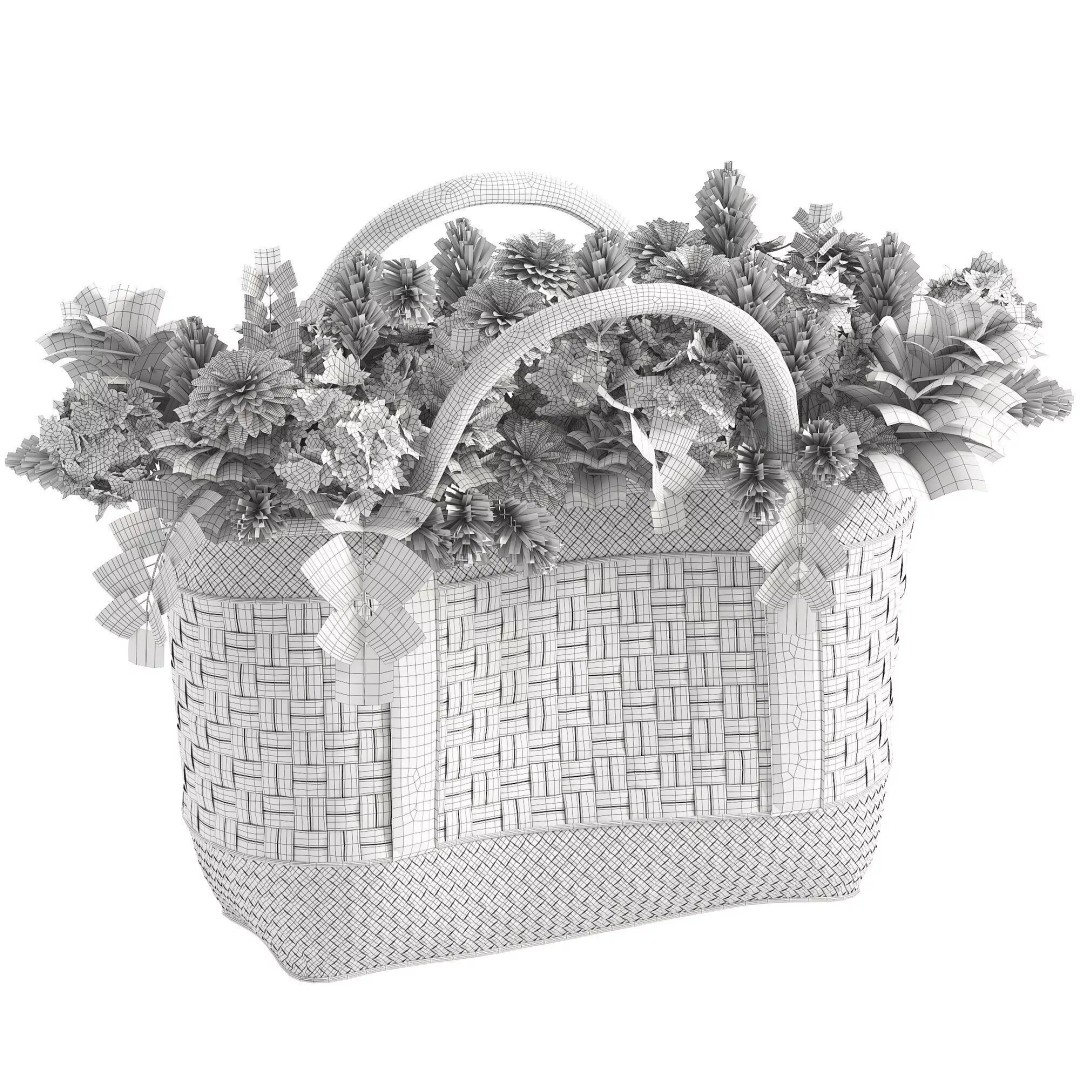Wicker Basket 3D Model – Decorative Floral Arrangement, FBX - View 5