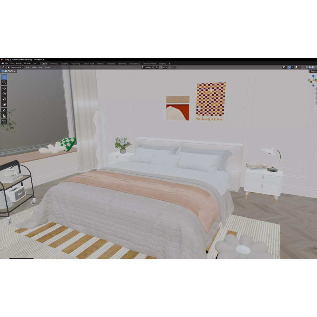 Warm Minimal Bedroom 3D Model – Modern Interior Design, FBX, OBJ - View 8