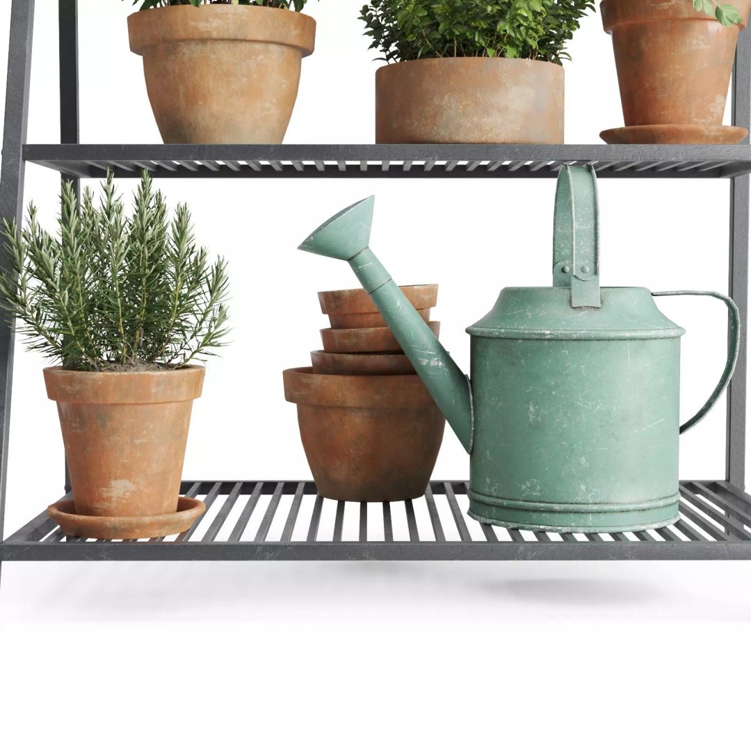 Herb Shelf 3D Model – Decorative Metal Shelf with Terracotta Pots - View 12
