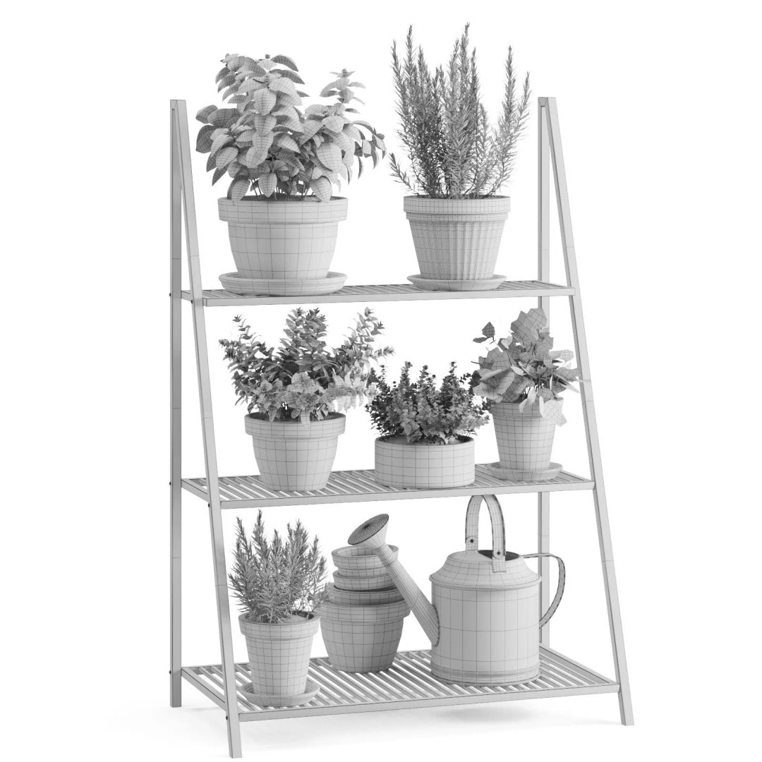 Herb Shelf 3D Model – Decorative Metal Shelf with Terracotta Pots - View 3