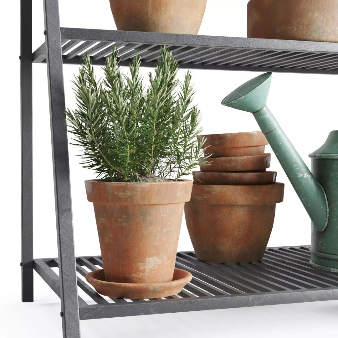 Herb Shelf 3D Model – Decorative Metal Shelf with Terracotta Pots - View 4