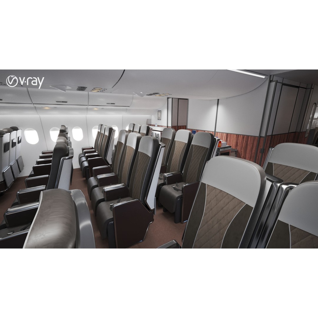 Modern Airplane Interior 3D Model – High Poly Photorealistic Render, Vray & Fstorm - View 16