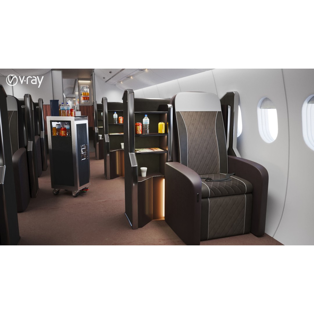 Modern Airplane Interior 3D Model – High Poly Photorealistic Render, Vray & Fstorm - View 21