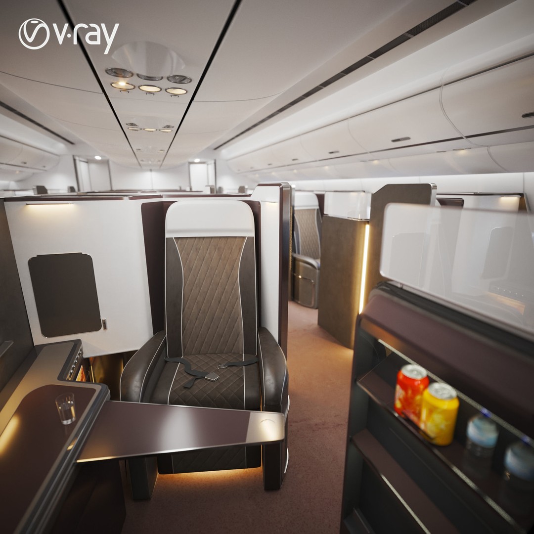 Modern Airplane Interior 3D Model – High Poly Photorealistic Render, Vray & Fstorm - View 27