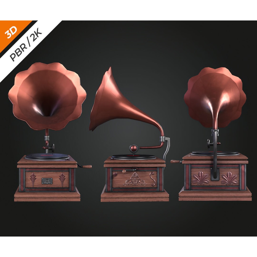 Gramophone 3D Model – Low Poly Antique Audio Asset, FBX, PBR - View 10