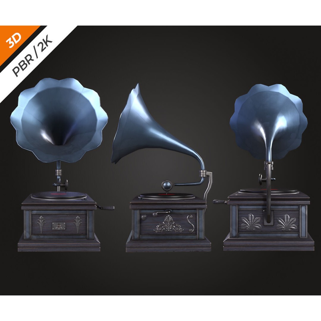 Gramophone 3D Model – Low Poly Antique Audio Asset, FBX, PBR - View 11