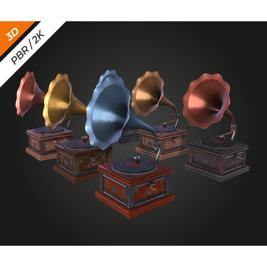 Gramophone 3D Model – Low Poly Antique Audio Asset, FBX, PBR - View 13