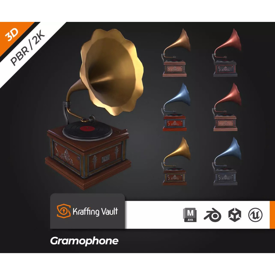 Gramophone 3D Model – Low Poly Antique Audio Asset, FBX, PBR - View 2