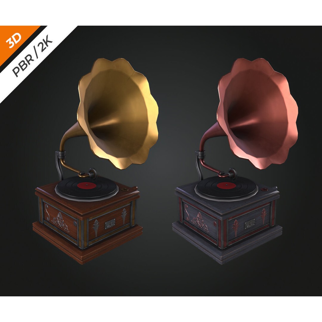 Gramophone 3D Model – Low Poly Antique Audio Asset, FBX, PBR - View 3