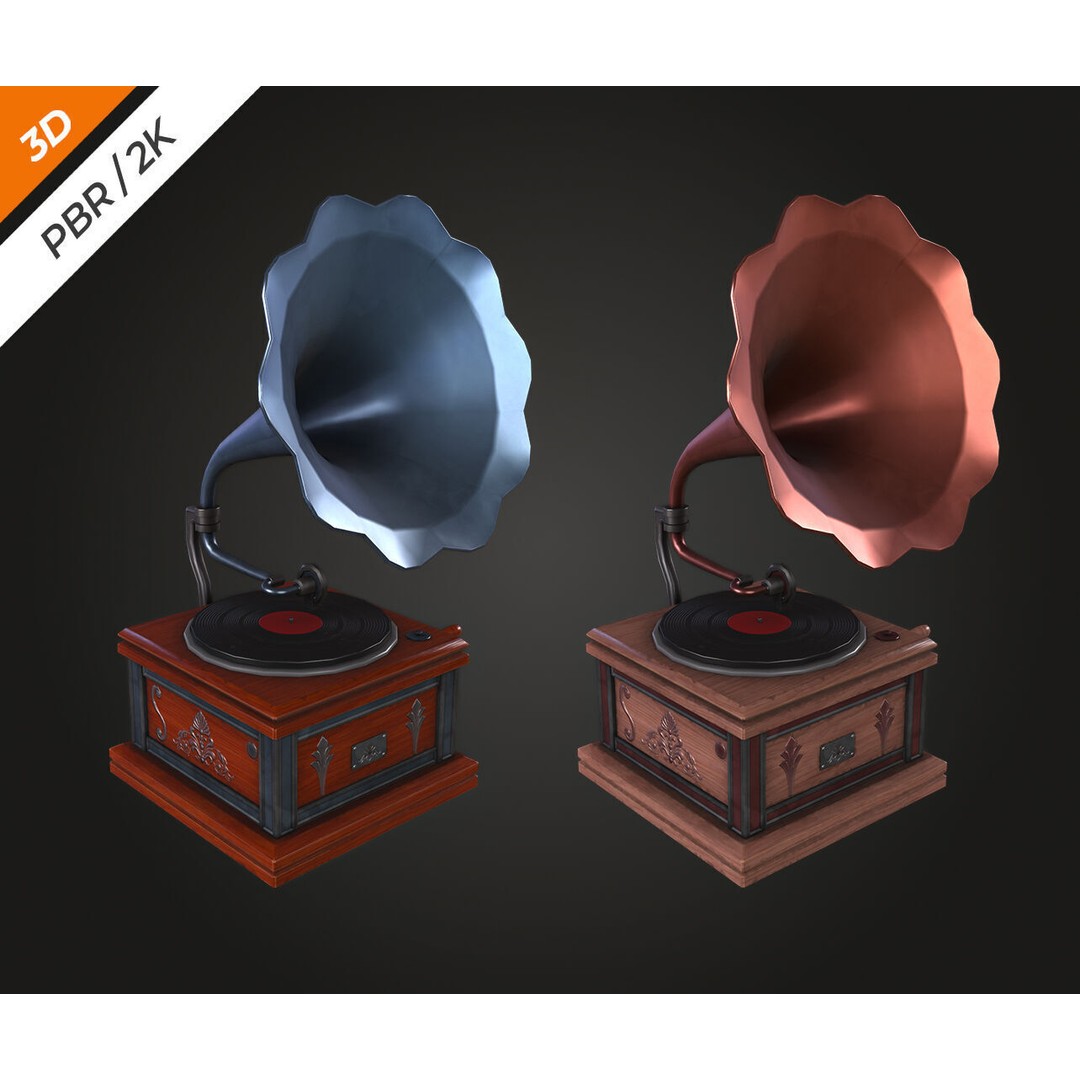 Gramophone 3D Model – Low Poly Antique Audio Asset, FBX, PBR - View 4