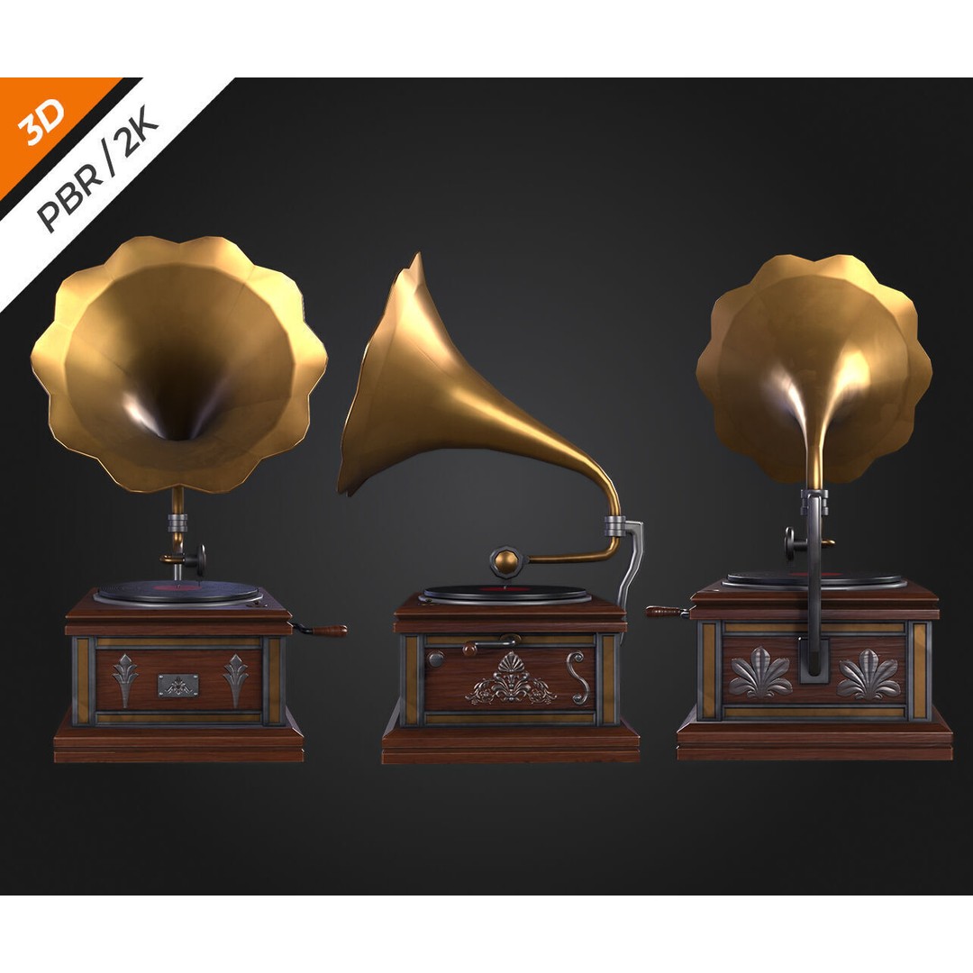 Gramophone 3D Model – Low Poly Antique Audio Asset, FBX, PBR - View 6