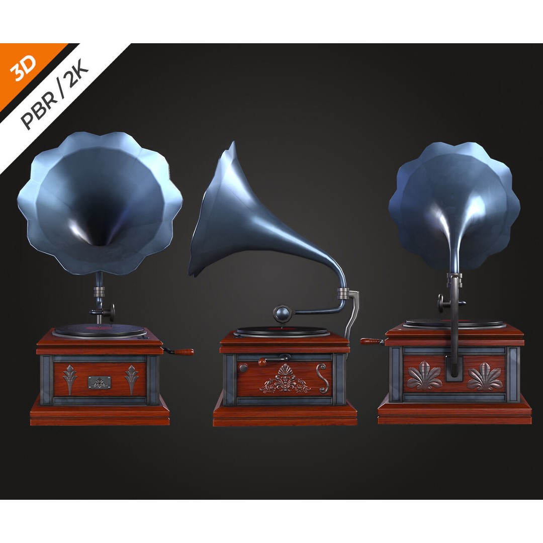 Gramophone 3D Model – Low Poly Antique Audio Asset, FBX, PBR - View 7