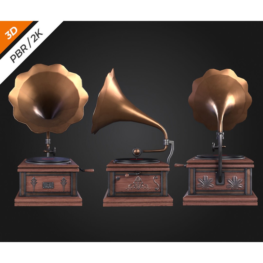 Gramophone 3D Model – Low Poly Antique Audio Asset, FBX, PBR - View 8