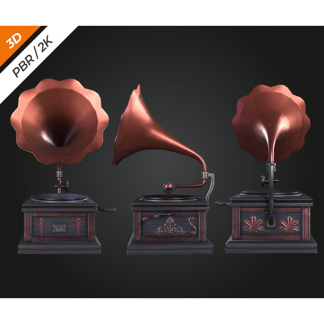 Gramophone 3D Model – Low Poly Antique Audio Asset, FBX, PBR - View 9