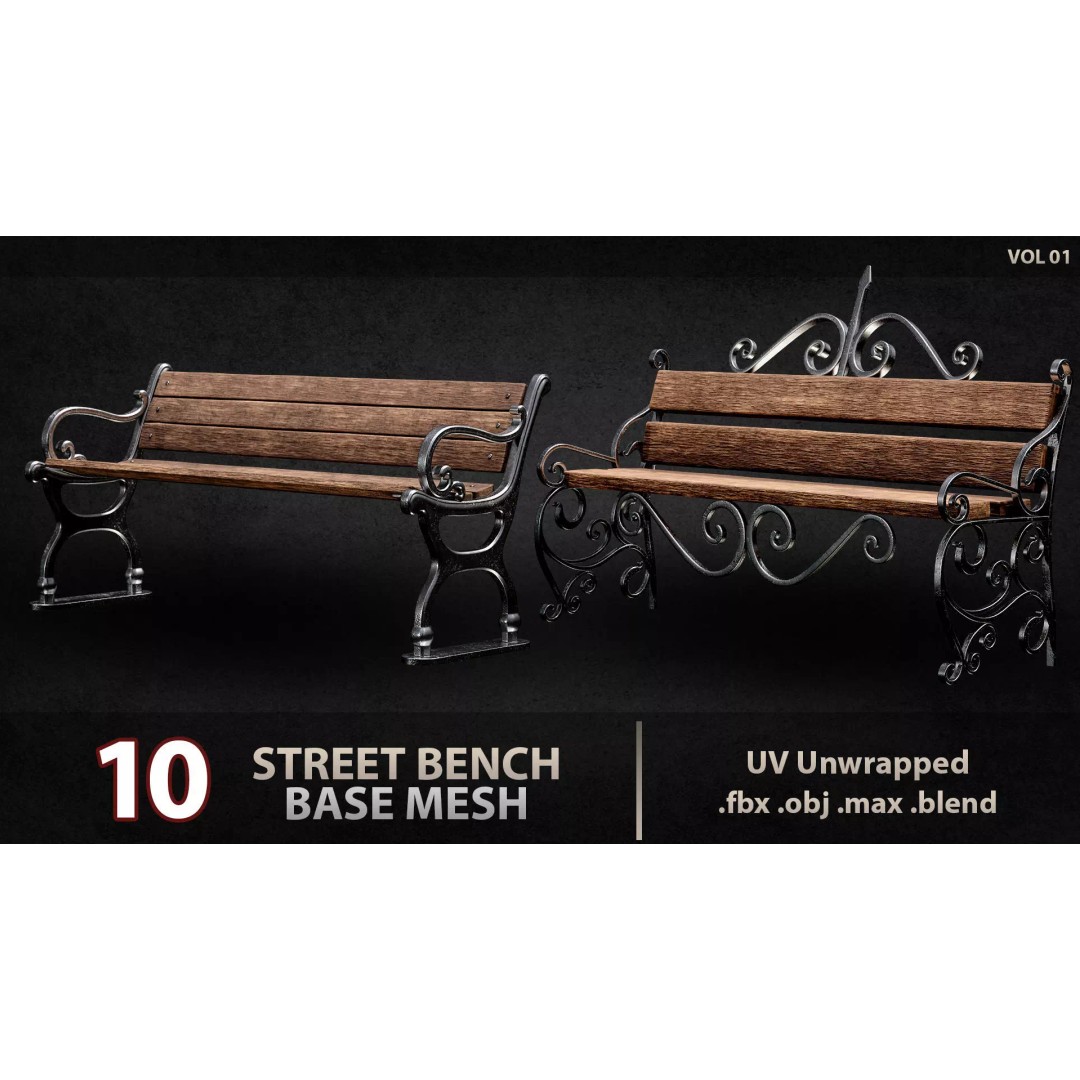 Street Bench 3D Model – Low Poly Game Asset, UV Unwrapped, FBX - View 2