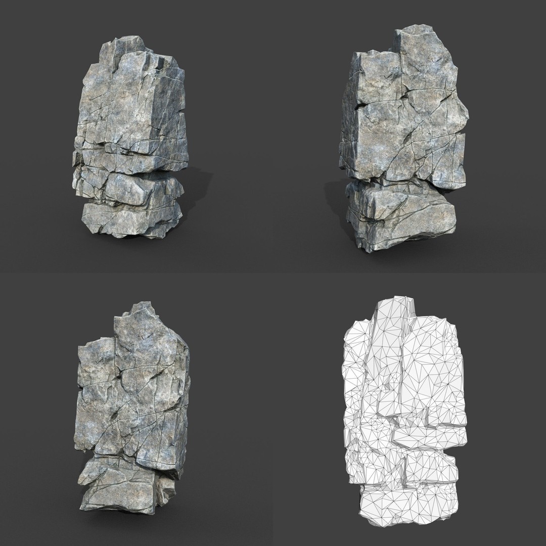 Gray Cracked Rock 3D Model – Low Poly Modular Terrain Asset, FBX - View 12