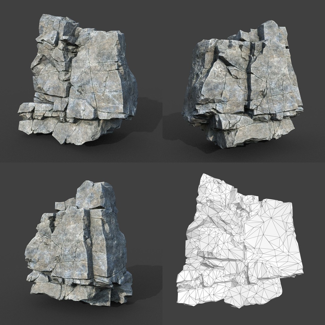 Gray Cracked Rock 3D Model – Low Poly Modular Terrain Asset, FBX - View 14
