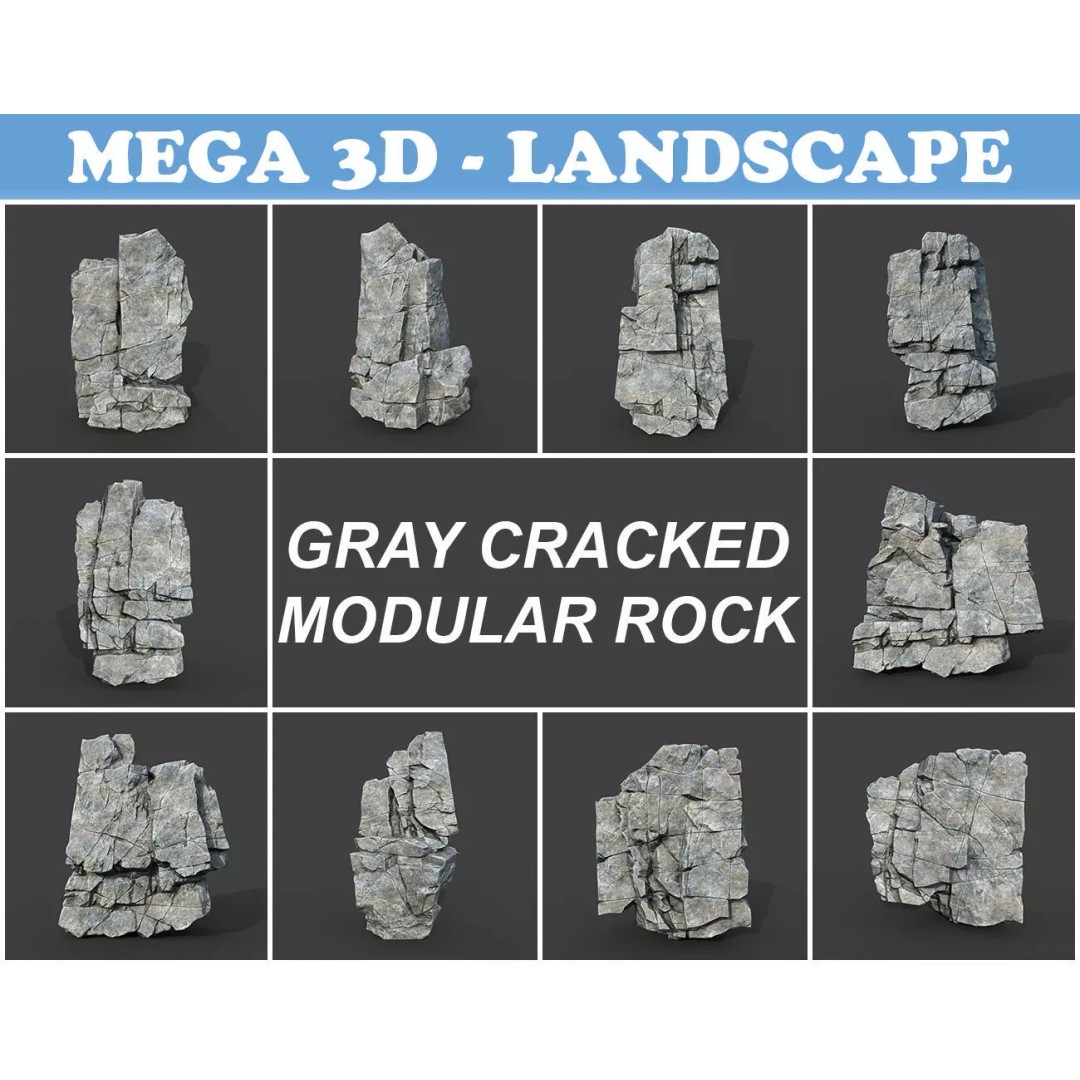 Gray Cracked Rock 3D Model – Low Poly Modular Terrain Asset, FBX - View 2