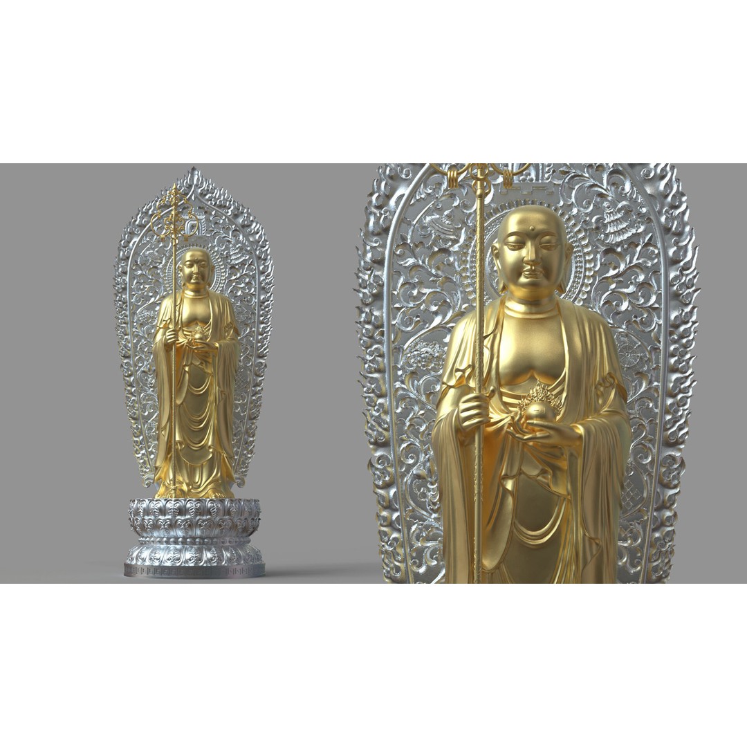 Ksitigarbha Bodhisattva Buddha Statue 3D Model – High Poly PBR Sculpture, FBX - View 3
