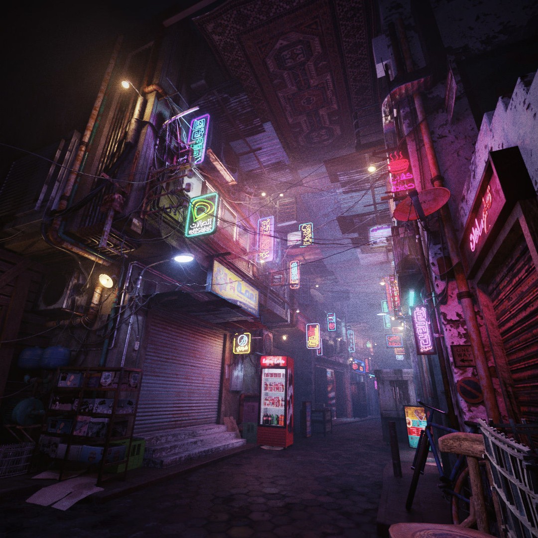 Cairo City Cyberpunk Streets 3D Model – Day & Night Modes, Animated Neon Signs - View 3