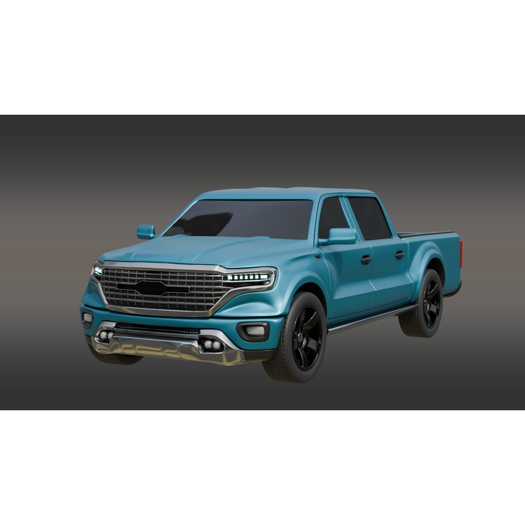Blue Pickup Truck 3D Model – Low Poly PBR Vehicle, FBX - View 3