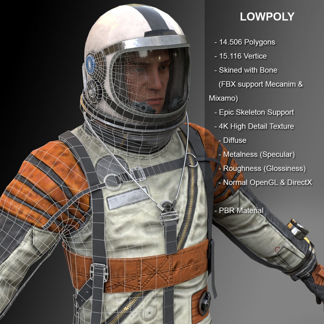 Space Suit 3D Model – Low Poly Rigged Character for Games, FBX - View 4