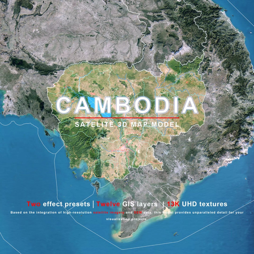 Cambodia Map 3D Model – Realistic Satellite Terrain with DEM, FBX, OBJ - View 2
