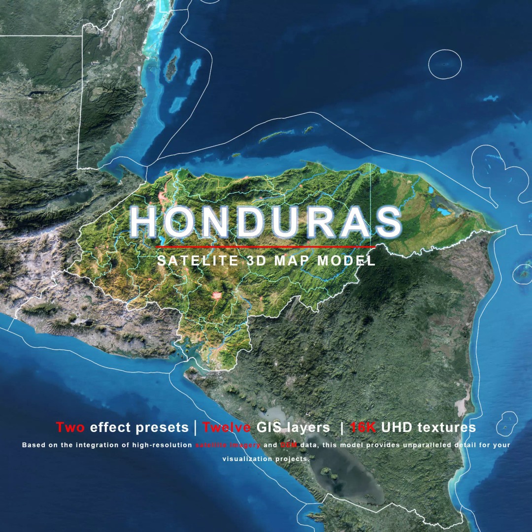 Honduras Map 3D Model – Realistic Satellite Terrain, 16K Textures - View 2