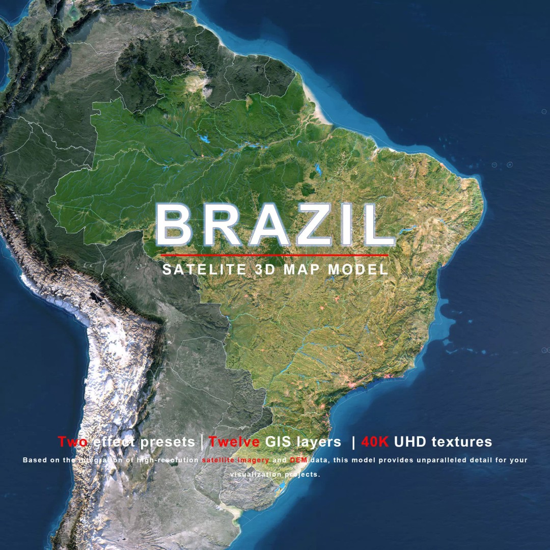 Brazil Map 3D Model – Realistic Satellite Terrain, 40K Textures, FBX/OBJ - View 2