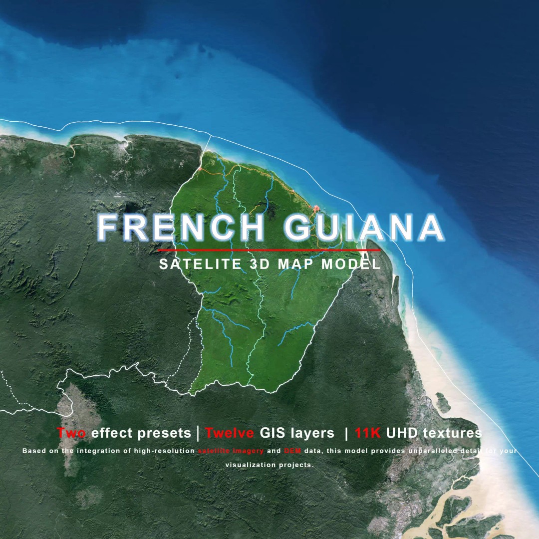 French Guiana Map 3D Model – Realistic Satellite Terrain, FBX, OBJ - View 2