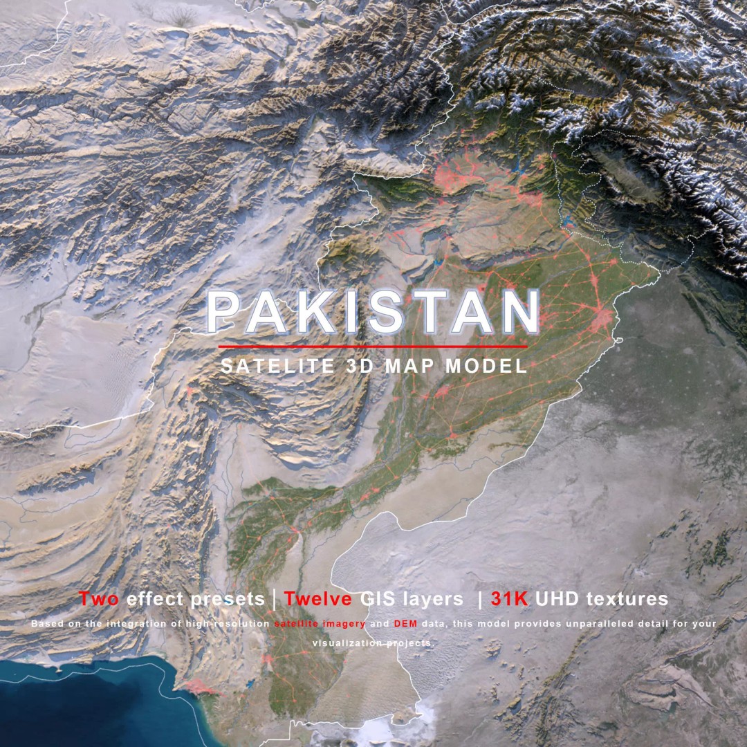 Pakistan Map 3D Model – Realistic Satellite Terrain, FBX, OBJ - View 2