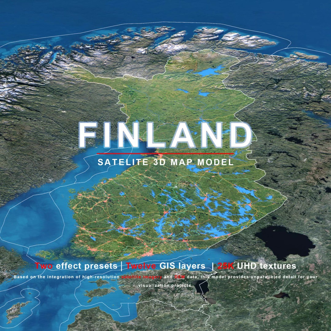 Finland Map 3D Model – Realistic Satellite Terrain, FBX, OBJ - View 2
