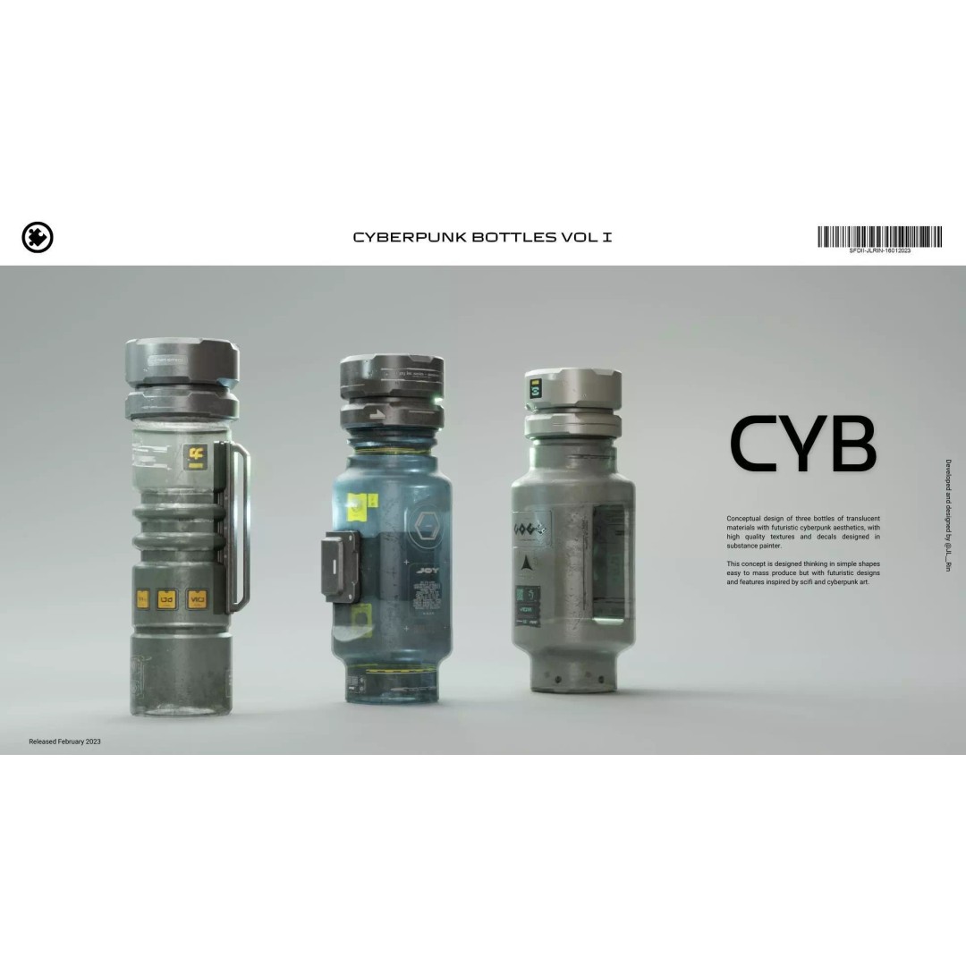 Cyberpunk Bottles 3D Model – Futuristic Design with PBR Textures, Blender - View 2