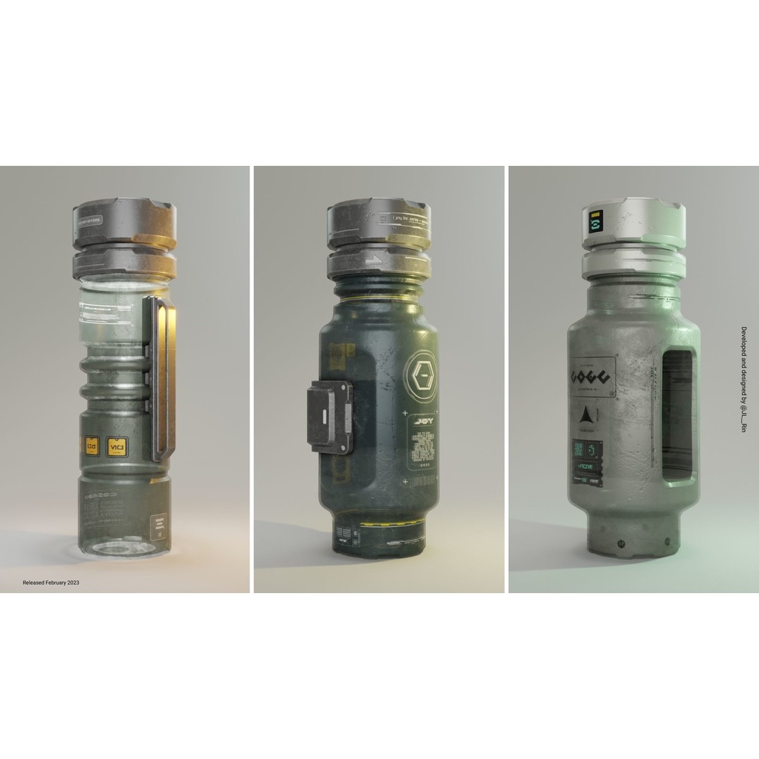 Cyberpunk Bottles 3D Model – Futuristic Design with PBR Textures, Blender - View 3