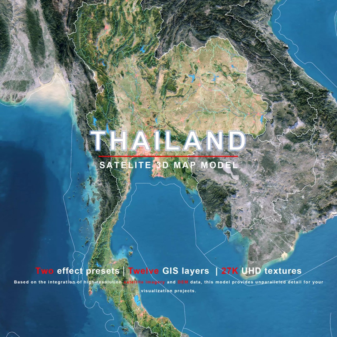Thailand Map 3D Model – Realistic Satellite Terrain, 27K Textures, FBX/OBJ - View 2