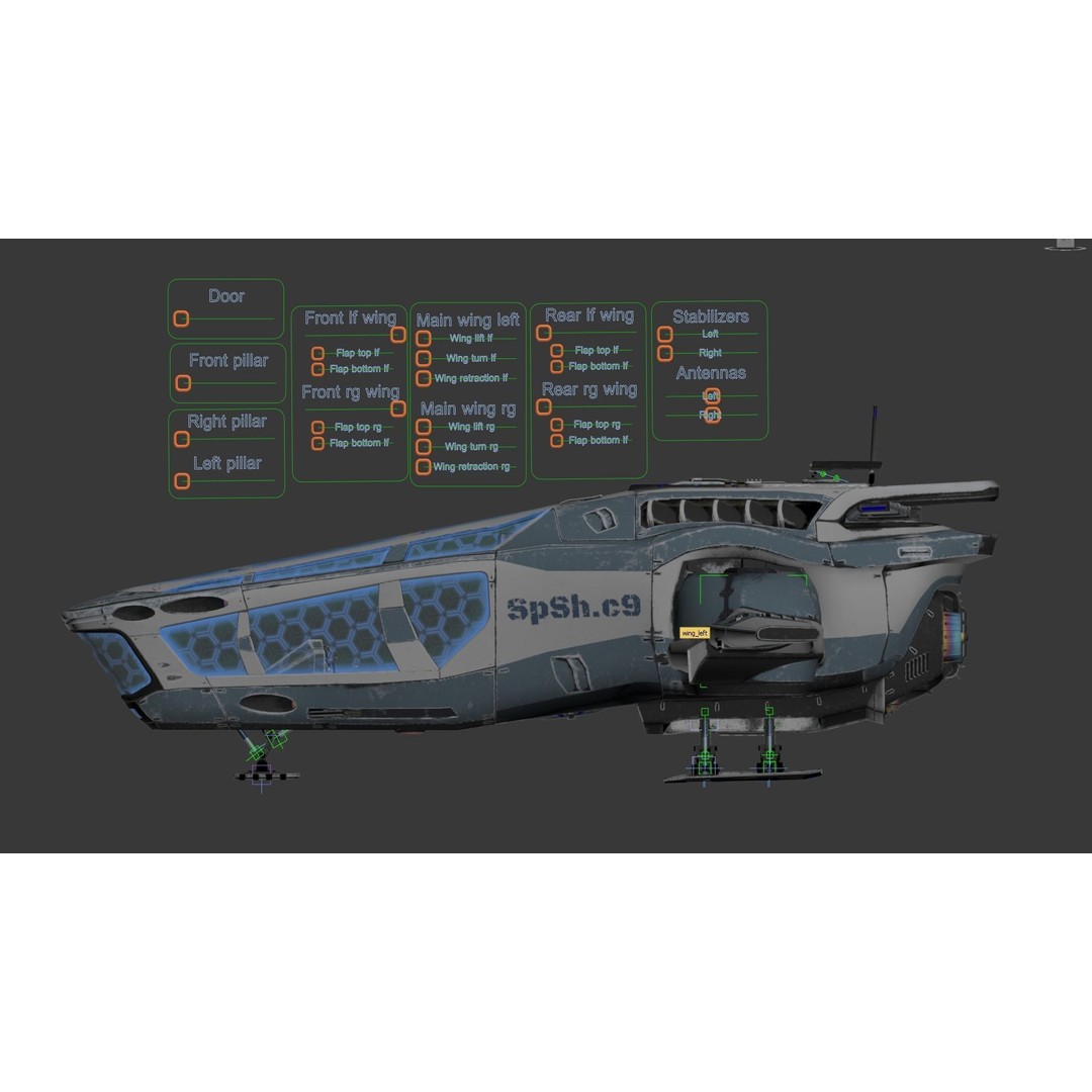 Spaceship SpShc9 3D Model – Rigged Sci-Fi Vessel with PBR Textures, FBX - View 19