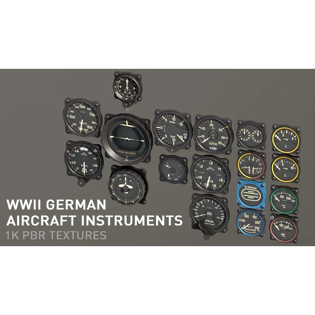 WWII German Aircraft Instruments 3D Model – Low Poly PBR Asset, FBX/OBJ - View 2